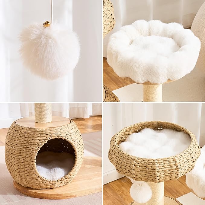 Modern Solid Wood Cat Tree Tower for Indoor Cats Large Adult, 30 inch Corner Cat Tree with Handmade Rattan Cat Bed, Luxury Aesthetic Cat Tree with Rattan Cave, Soft Plush Bed, Groomer, Scratching Post