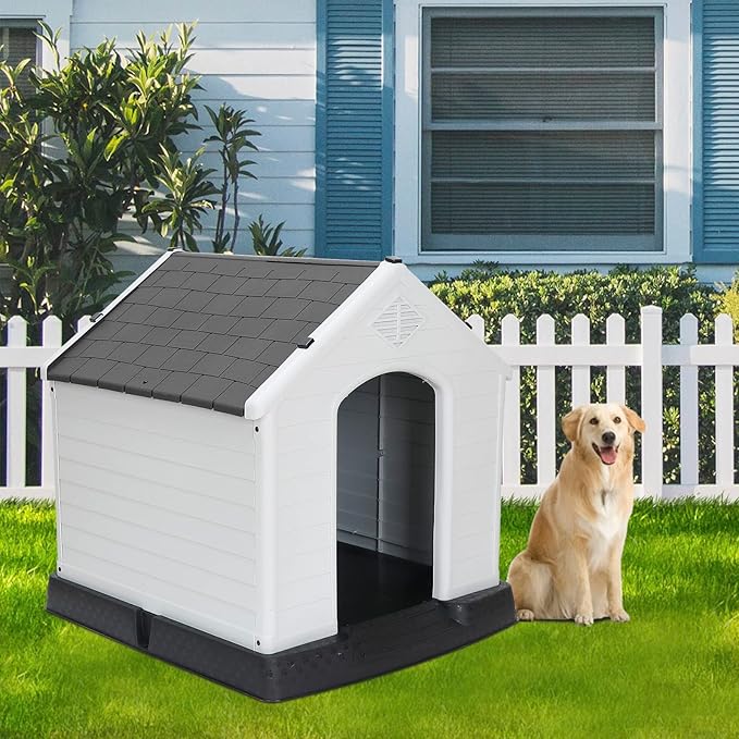 ZENY Large Plastic Dog House - Waterproof Dog Kennel with Air Vents and Elevated Floor All Weather Indoor Outdoor Doghouse Puppy Shelter, Easy to Assemble