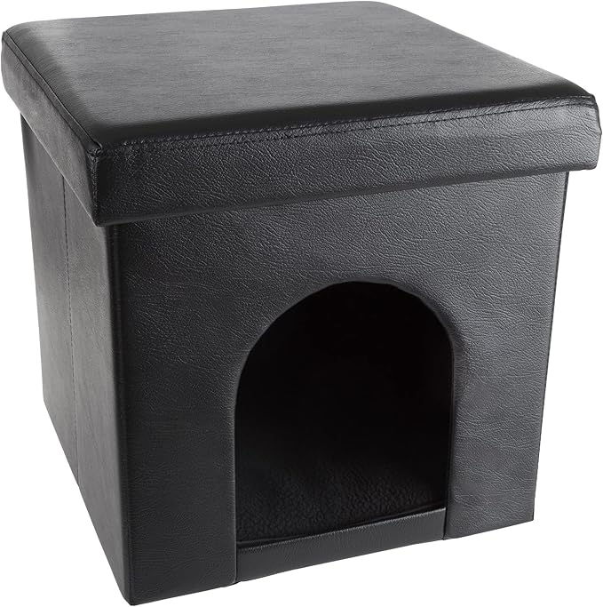 Cat House – Collapsible Multipurpose Small Dog or Cat Ottoman with Footrest, Cushioned Top, and Interior Pillow by PETMAKER (Black)