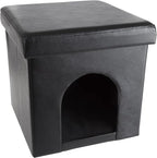 Cat House – Collapsible Multipurpose Small Dog or Cat Ottoman with Footrest, Cushioned Top, and Interior Pillow by PETMAKER (Black)