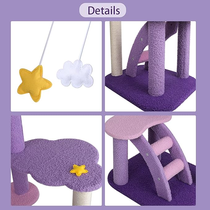 Lucky Monet 43 Inches Cat Tree Tower for Indoor Cats, 3-Layer Purple Cute Purple Pink Cat Tree Unique Cat Condo with Scratching Post