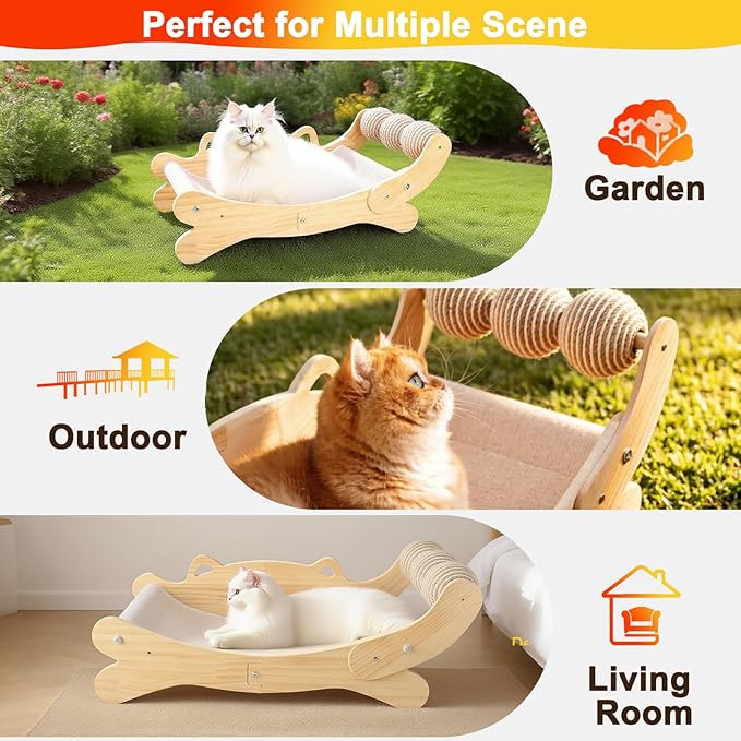 3-in-1 Cat Scratcher Bed for Indoor Cats Sisal Scratcher & Hammock Lounge with Solid Wooden Perch, No-Tip Stable Base for Large Cats, Durable Cat Scratch Pad & Cat Furniture (Easy Assembly)