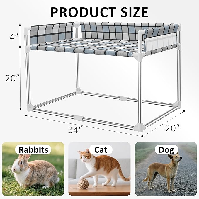 Bedside Window Pet Cat Bed - Dog Bed with Guardrail Extension Attached to Human Bed Height Elevated Dogs Cats Window Perch Bedside Dog Cot Sleeper Hammock Furniture Pet Beds (34'' x 20'' x 24'')