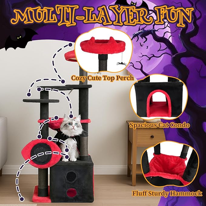Outvita Halloween Large Cat Tree,53.1" Gothic Cat Tower with Padded Perch, Spacious Condo, Comfy Hammock, Scratching Post, Hanging Toy for Indoor Cats, Red & Black