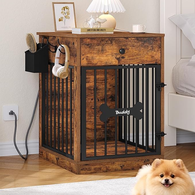 24.6'' Dog Crate Furniture with Charging Station, Dog Kennel Indoor with Flip-Top Storage, Wooden Pet Cage Dog House End Side Table for Small Dog Anti-Chew Anti-Escape, Rustic Brown DFC90101B