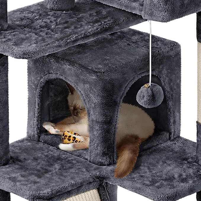 Yaheetech 57 inches Cat Tree for Indoor Cats, Multi-Level Cat Tower w/ 3 Perches, 2 Cat Condos, 2 Hanging Balls and Scratching Posts, Dark Gray