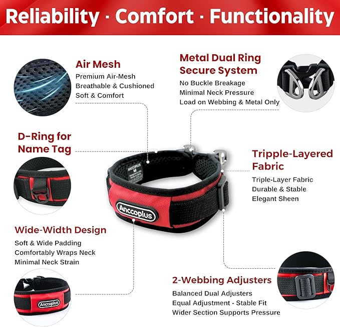 Comfort Fit Dog Collar, Anti-Choke Neck Safe Dog Training Collar, Wide Padded, Breathable, Adjustable with Dual D-Rings, Soft Cushion Neck Protector for Dogs (M, Red)