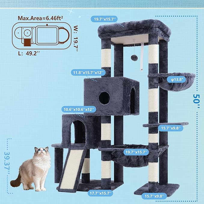 Hey-brother Cat Tree Tower, Scratching Posts with Big Platform, 2 Condos, Spacious Hammock, Cozy Basket, Sisal Board for Indoor Large Adults, 50 Inches Progressive Climbing House, Smoky Gray MPJ071G
