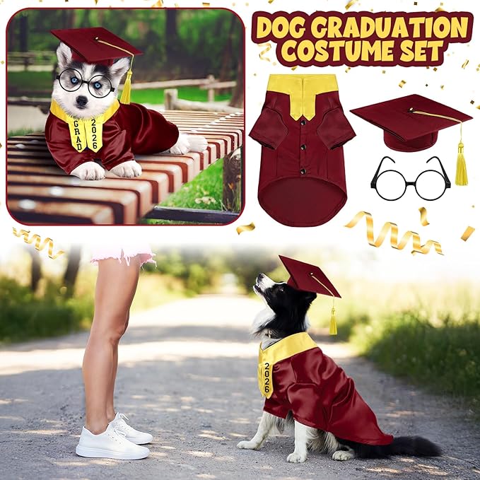 5 Pcs Dog Graduation Costume Set Include 2026 Pet Graduation Gown with Stole Puppy Grad Cap Lensless Glasses DIY Letter Stickers for Dogs Cats Holiday Costume Accessory(Maroon Yellow,S)