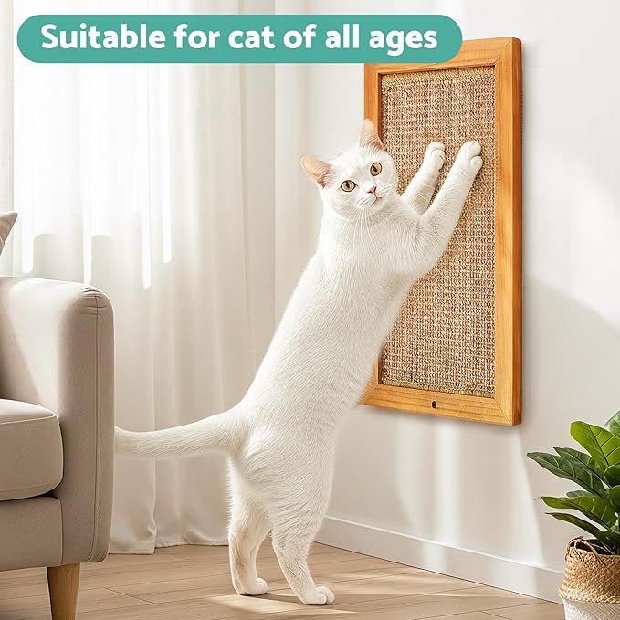 Cat Scratching Post, Wooden Sisal Cats Wall Scratcher, Floor or Wall Mounted Vertical Cat Scratch Pad for Indoor Cats Adults or Kittens, Scratching Board Cat Wall Furniture Protector