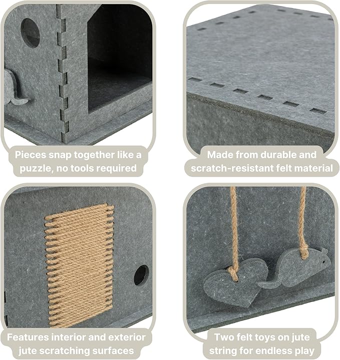 TRIXIE Lene Felt Cat Condo - Indoor Cat Furniture - Small Hideaway Cave with Hanging Toy and Jute Scratching Pads - Gray