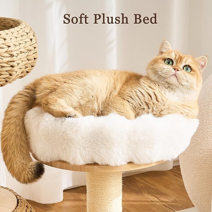 Modern Solid Wood Cat Tree Tower for Indoor Cats Large Adult, 30 inch Corner Cat Tree with Handmade Rattan Cat Bed, Luxury Aesthetic Cat Tree with Rattan Cave, Soft Plush Bed, Groomer, Scratching Post