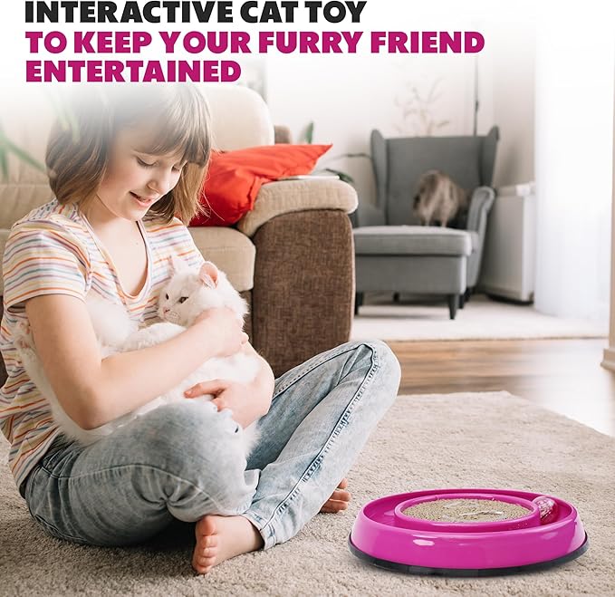 SPOT Rockin’ Cat Scratcher Toy – Interactive LED Light-Up Ball Cat Toy, Corrugated 5-Inch Cardboard Scratching Pad with Catnip Bag for Claw Care & Play, Non-Slip Rubber Base, 10-Inch, 1-Piece