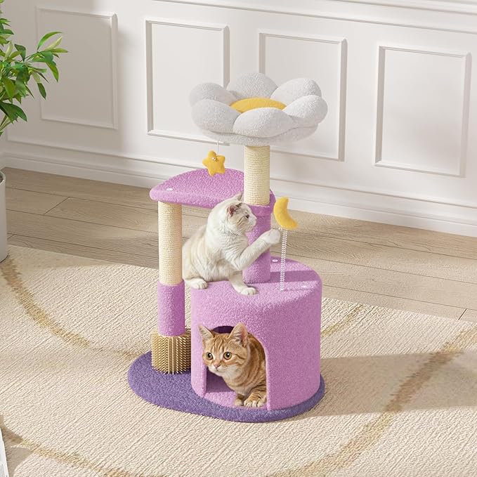 Magshion 33" Flower Cat Tree for Indoor Cats, Compact Cat Tower with Condo, Scratching Posts, Flower Perch & Dangling Toys for Kittens & Small Cats, Cute Cat Furniture Stand, Purple