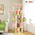 PEQULTI 66" Cat Tree for Indoor Cats, Tall Cat Tower for Large Cats with Scratching Post, Super Large Metal Hammock[20''X12''] and 2 Big Condos, Pink