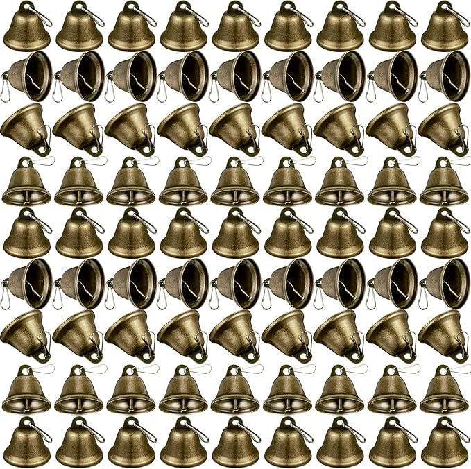 Shimeyao 100 Pieces Bronze Bells 1.5 x 1.57 Inch Vintage Small Bells with Spring Hooks for Craft Wind Chimes Dog Potty Training Doorbell Wedding Decor Craft Making Hanging Favor