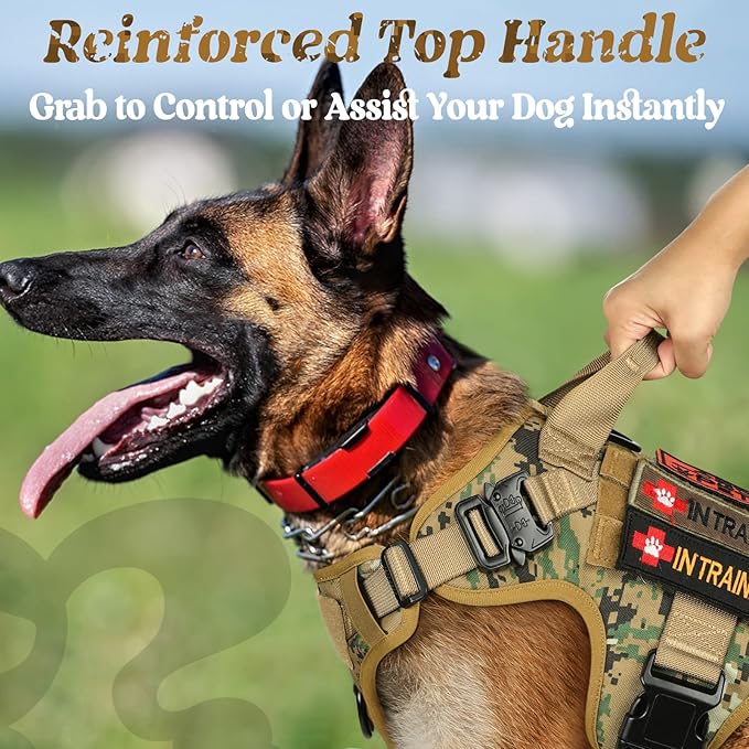 rabbitgoo Tactical Dog Harness for Large, Heavy Duty Pet Harness with Handle, No-Pull Service Vest Large Breed, Adjustable Military Dog Vest for Training Hunting Walking, Brown Camo, XL