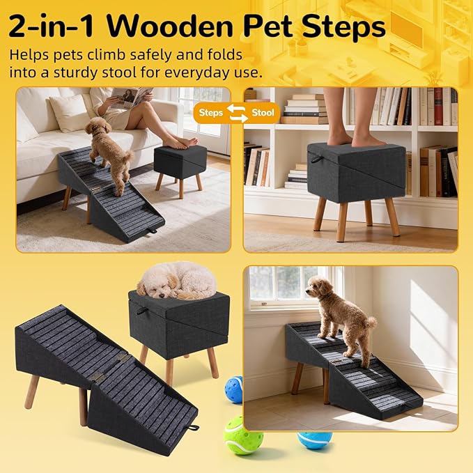 17.13" H Dog Stairs for Small Dogs, 2-in-1 Pet Steps & Ottoman - Foldable Dog Stairs for Couch, Non-Slip Wooden Pet Stairs for Puppy Senior Injured Dogs