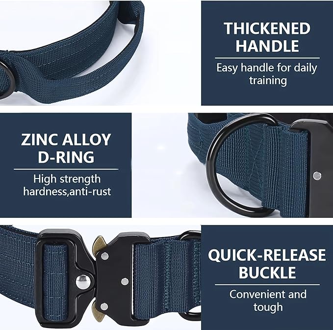 Heavy Duty Tactical Dog Collar – Adjustable Nylon with Metal Buckle, Durable & Comfortable for Medium to Large Dogs (German Shepherd, Labrador, Rottweiler), Blue, Large, for Training & Outdoor Use.