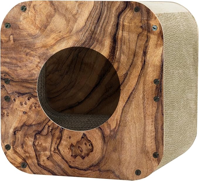 Cat Scratcher House, Cozy Cardboard Design, Safe and Secure for Kittens, Eco-Friendly, Wood Grain (Square)