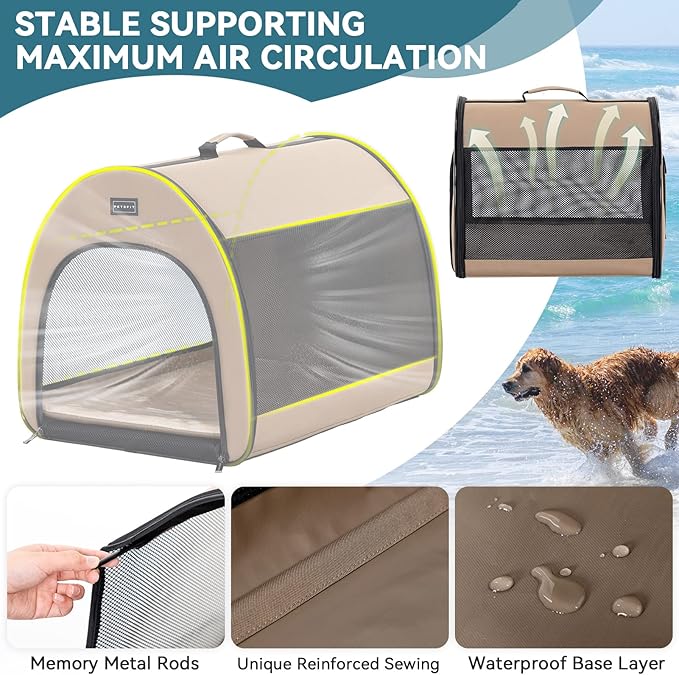 PETSFIT Portable Dog Crate, Travel Dog Crate - 19 Inch Lightweight, Roomy, Easy to Set Up, Sturdy Collapsible Dog Kennel with Thick Mat, Khaki