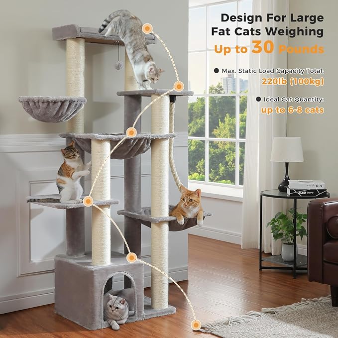 67" Heavy Duty Cat Tree for Indoor Cats Large Adult, XXL Cat Tower with 8 Thick Scratching Posts (φ4.3), Large Perch, Spacious Condo & Big Hammock - for Maine Coon up to 20 lbs, Grey