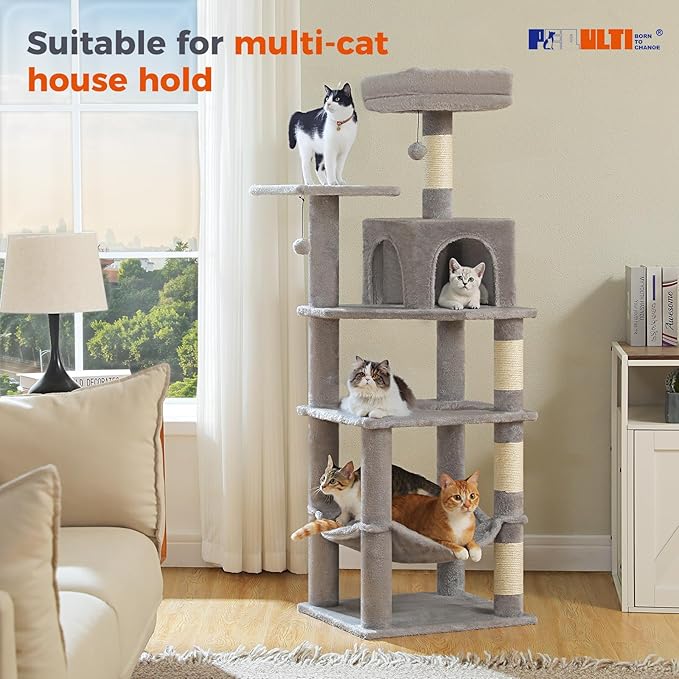 PEQULTI 56.3'' Cat Tree for Indoor Cats, Multi-Level Cat Tower with 2 Top Perch, Cat Condo, Hammock and Sisal-Covered Scratching Post, Grey