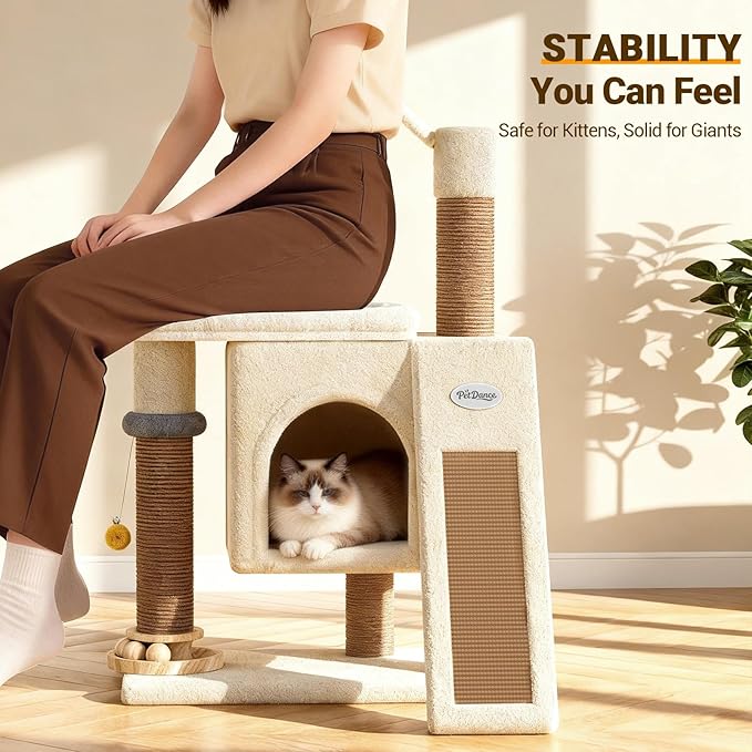 【SteadyCore】 PetDance All-in-1 Cat Tree Tower with Heavy Duty Board, Solid-Wood,Small Cat Tower with Multiple Fun:Interactive Track Ball Toy & Self-Grooming Brush for Indoor Cats,Beige