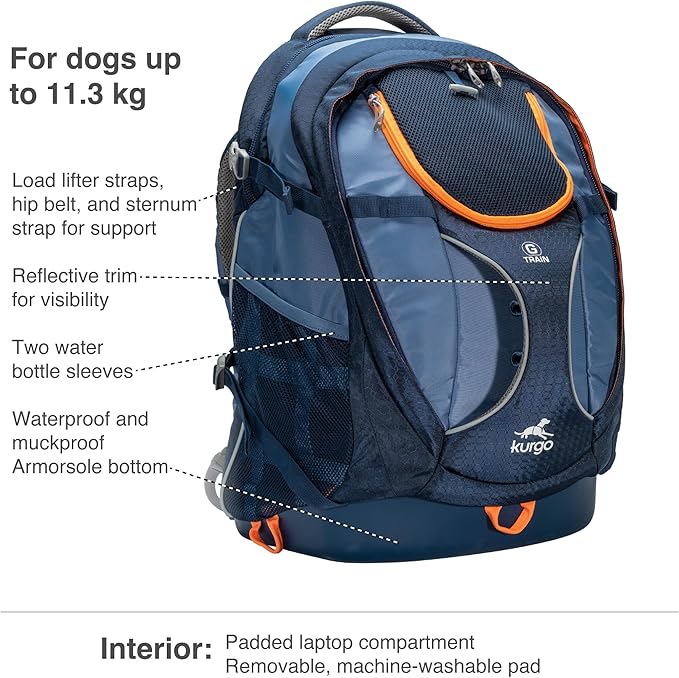Kurgo G-Train Dog Carrier Backpack - Comfortable Travel Bag for Pets Up to 25 lbs - Waterproof Bottom - Multi-Compartment Pack - Dog Hiking Gear - Rugged Adventure Backpack - Ink Blue