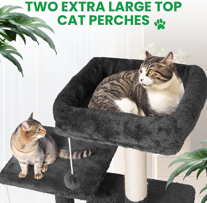54 Inches Large Cat Tree Tower for Indoor Cat, Tall Cat Tower with Scratching Posts, Cat Condos, Cat Hammock, Pompoms, Top Perches, Sisal Rope, for Bed Room, Living Room (Black)