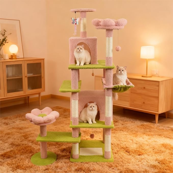 Pink 71 Inch Flower Cat Tree Tower, Cat Tower for Indoor Cats Large Adult, Multi-Level Cat Tree with Scratching Posts, Hammock, 2 Condos and a Large Top Perches for Indoor Cats