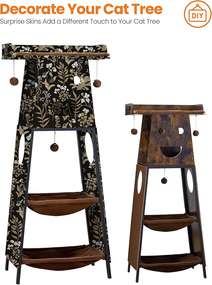Modern Wood Cat Tree for Indoor Large Cats, 56 Inch Tall Cat Tower with Perch Bed, Multi-Level Trees with 2 Hammock, Cat Condo, Scratching Board, Removable Pads, Cat Furniture, Rustic Brown