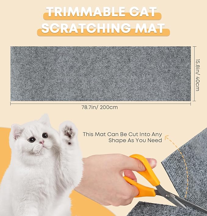 Trimmable Cat Scratching Mat, 78.7""x15.8"" Self-Adhesive Cat Scratching Post Pad, Cat Tree Shelves Cover Replacement, DIY Versatile Protector for Steps, Couch and Furniture, Large, Gray
