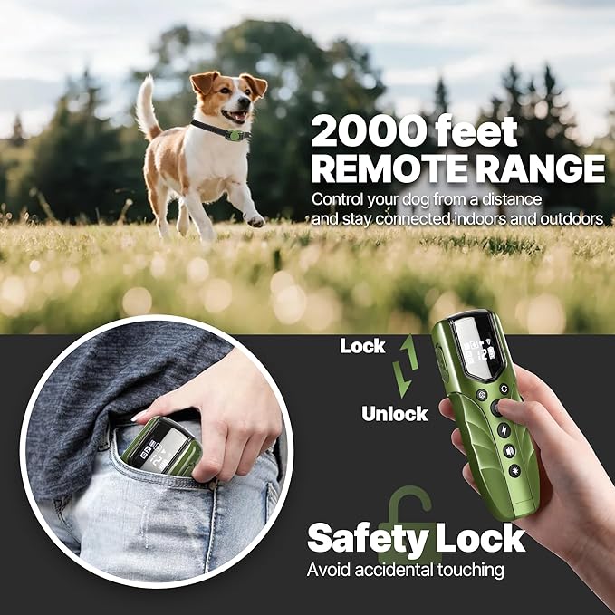 Tiniest Small Dog Shock Collar, Lightest Dog Training Collar with 2000ft Remote, Tailored for Small Dogs 5-15lbs & Medium Large Dogs, Beep, Vibrate, Shock, Lighting, Waterproof, Rechargeable，Green