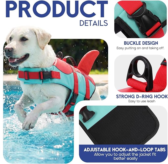 ASENKU Dog Life Jacket - Pet Safety Vest for Swimming & Boating, Shark Life Jacket with Floatation, Dog Lifesavers Swimsuits for Small Medium Large Dogs (RedGreen, 2XL)