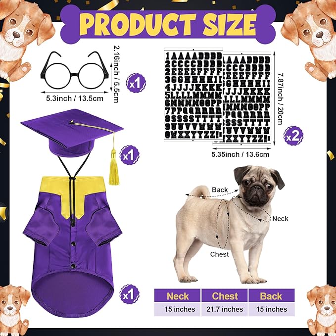 5 Pcs Dog Graduation Costume Set Include 2025 Pet Graduation Gown with Stole Puppy Grad Cap Lensless Glasses DIY Letter Stickers for Dogs Cats Holiday Costume Accessory(Purple Yellow,M)