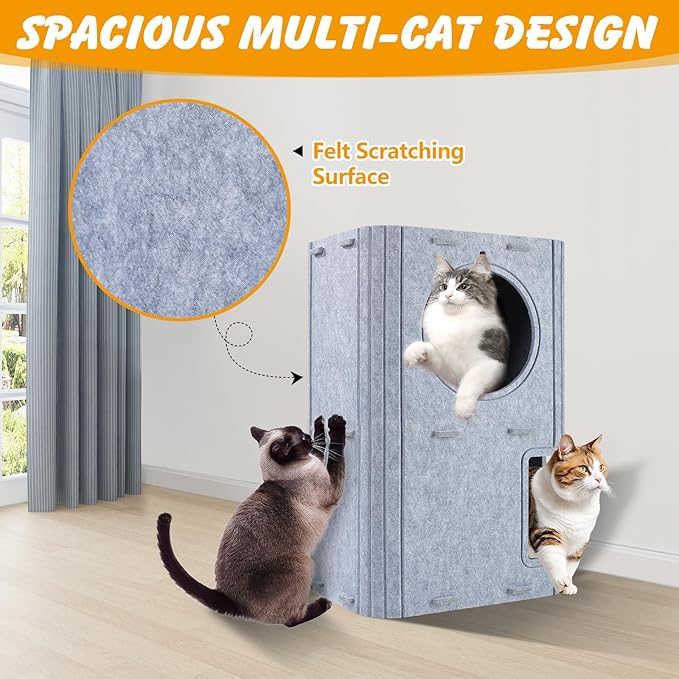 Cat House for Indoor Cats, 2-Storey Cozy Felt Cats Hideaway for Multiple Cats, 23.6x15x11 inches, Gray
