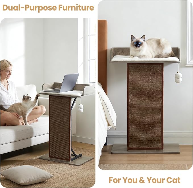 Modern Wood Cat Tree Tower for Indoor Large Cats, 33.8-Inch Tall Wooden Cat Trees with Big Perch Bed, Cat Scratching Pads, Washable Removable Cushions Scratching Mat, Cat Furniture, Greigy