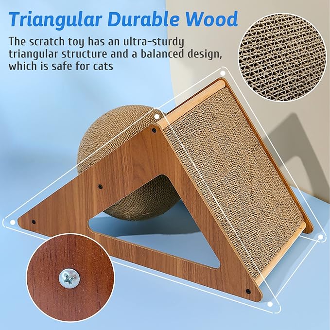 Fhiny Cat Scratcher Toy with Sisal Ball, 2-in-1 Rope Ball with Bell & Cardboard Cats Scratching Interactive Solid Wood Durable Scratch for Indoor Kitties Wear-Resistant Furniture Supplies