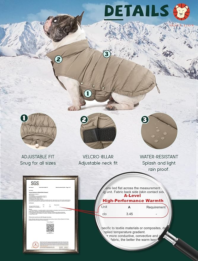 SPACE LION Dog Puffer Jacket, Down Winter Coat, Durable Outdoor Coat for Cold and Windy Conditions, Lightweight & Adjustable Fit Coats for Small Dogs, (Camel, Size 8 Gift Box)