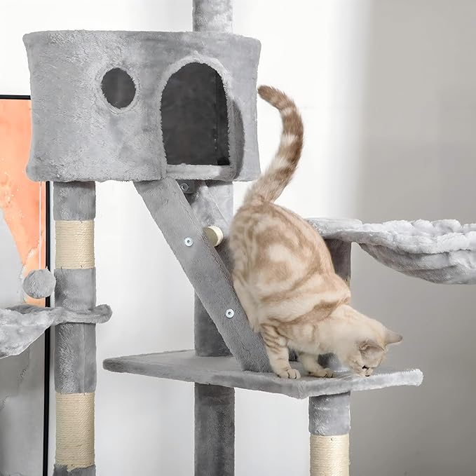 102" Tall Cat Tree Multi-Level Cat Tower for Indoor Cats with Cat Condo, Hanging Basket, Sisal Scratching Posts, Plush Balls and Hammock for Small Large Cats (Light Gray)