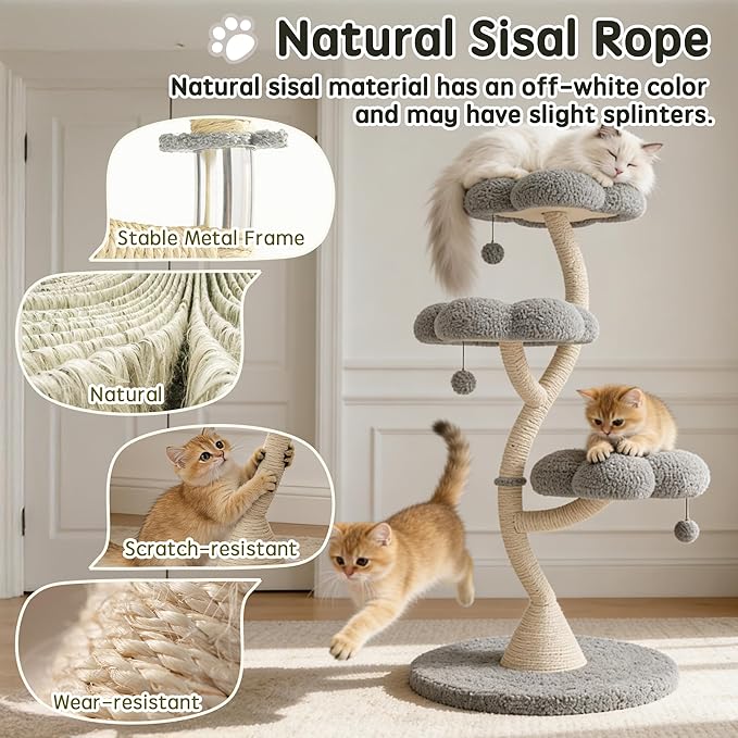 FKWin 48" Tall Cat Tree,Flower Shape Design,Scratching Post Condo,Multi-Level Furniture Activity Center,Kittens Pet House Play with Hang Ball,Plush Cat Tower for Large Cats (Gray-3 Tiers)