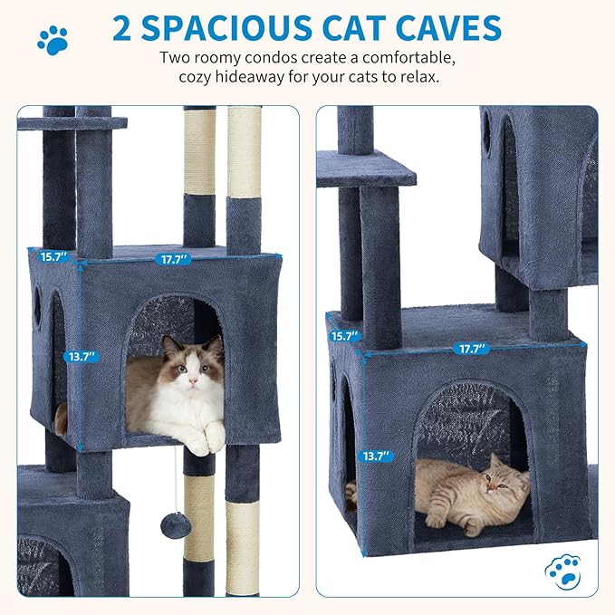Garvee 61" Multi-Level Cat Tree for Indoor Cats, Heavy-Duty Tower for Large Adult & Maine Coon Cats with Extra-Large Perch, 2 Spacious Condos, Natural Sisal Scratch Posts & Play Toys – Blue