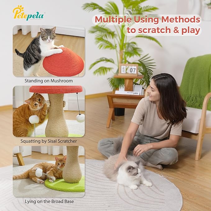 PETEPELA Flower Cat Tree for Indoor Cats, 31.5'' Small Cat Tower Cat Condo with Sisal Scratching Ramp+Mushroom Cat Scratching Post, Cat Scratcher Cute with 100% Sisal Covered Scratching Post