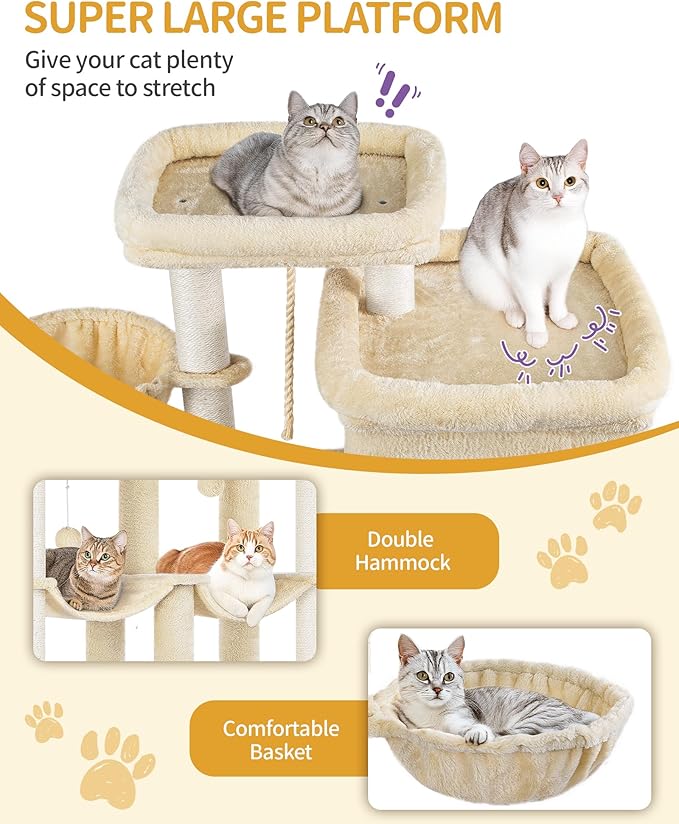 Cat Tree, 78.7" XXL Cat Tree with 10 Scratching Posts, 2 Caves, 2 Hammocks, Large Platform, Cat Brushes, Basket, Heavy Duty Cat Tree for Maine Coons, Large Cats, Beige MS20018YL