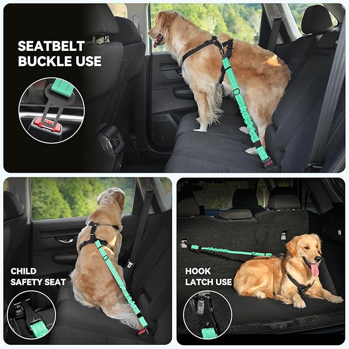 Pawaboo Dog Seat Belt Harness for Car, Dog Car Harness Seatbelt with Double Clips, Adjustable Breathable Pet Vest & Dogs Safety Tether with Elastic Bungee for Small Medium Large Pet, XL, Blue + Black