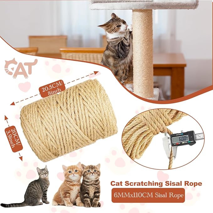 360FT/110M Natural Sisal Rope for Cat Scratching Posts, 6mm Thick Jute Hemp Cat Rope for Cat Tree Replacement, Cat Scratch Post Repair, DIY Projects, and Furniture Wrapping