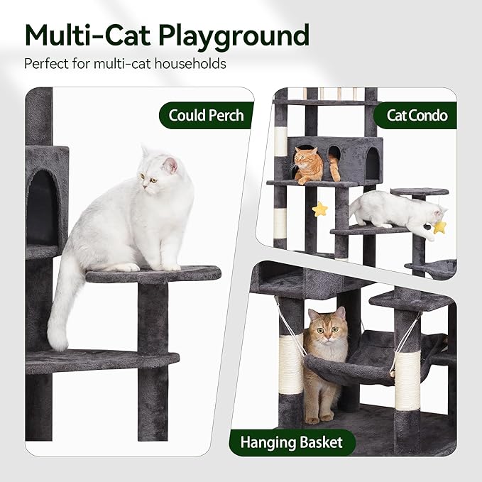 79in Giant Cat Tree for Heavy Duty Big Cats, Large Cat Trees with Scratching Post, Cat Tree Tower with Cat Condos, Hammock & Plush Perch for Maine Coon, Smoky Gray