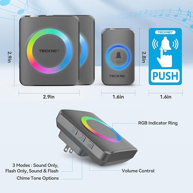 TECKNET Wireless Doorbell with 2 Plug-In Receivers, IP65 Waterproof Doorbells for home, 1300ft Operating Range, 60 Melodies & 5 Volume Levels of 0-120 dB, RGB Light for Hearing Impaired