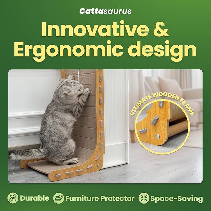 Cattasaurus Claw-Resistant L-Shaped Cat Scratcher, Premium 9mm Felt Wall Mount, 24" Height with Dangling Ball Toy, Vertical Scratching Post, Easy Assembly (Beige)